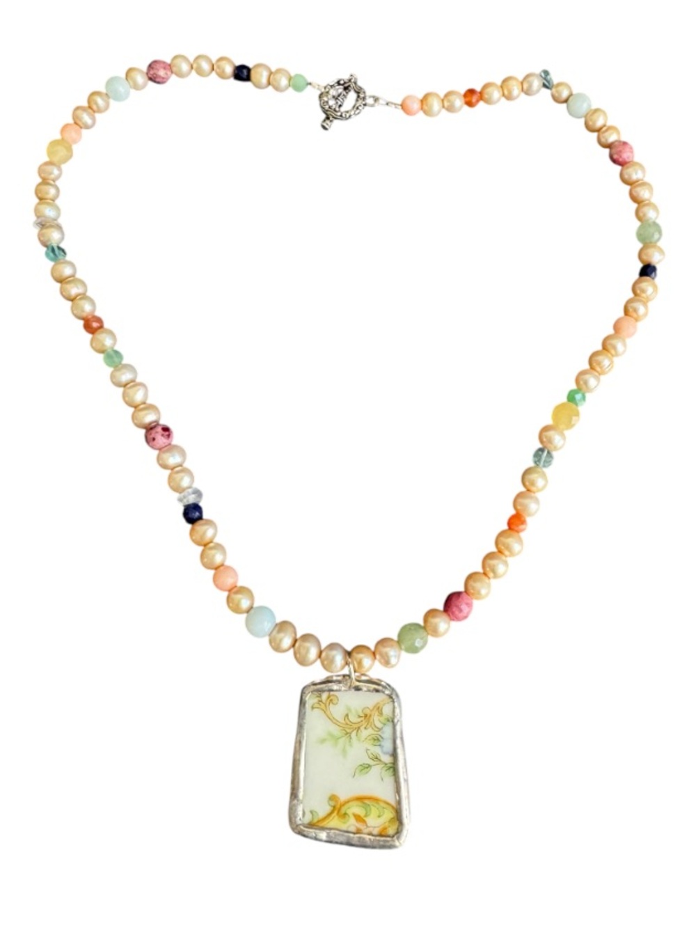 Y2K Pearl Beaded Necklace Gemstone Porcelain China Shard Pendant Artisan Made